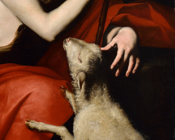 Lamb looking up at a seated person in a red cloth and staff