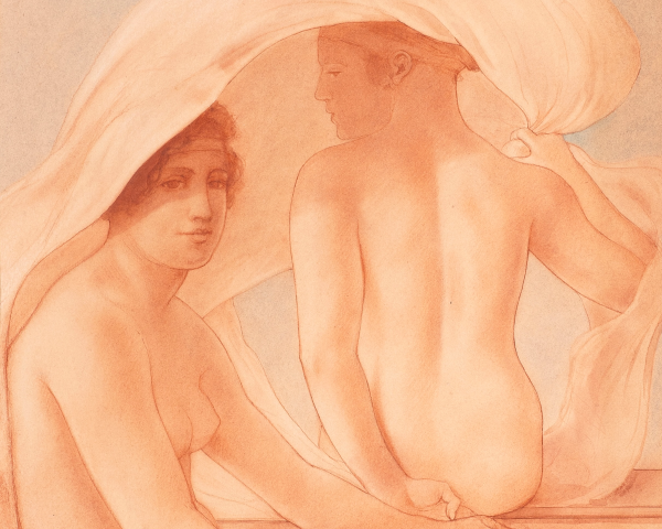 Two seated nude ladies with a cloth over them