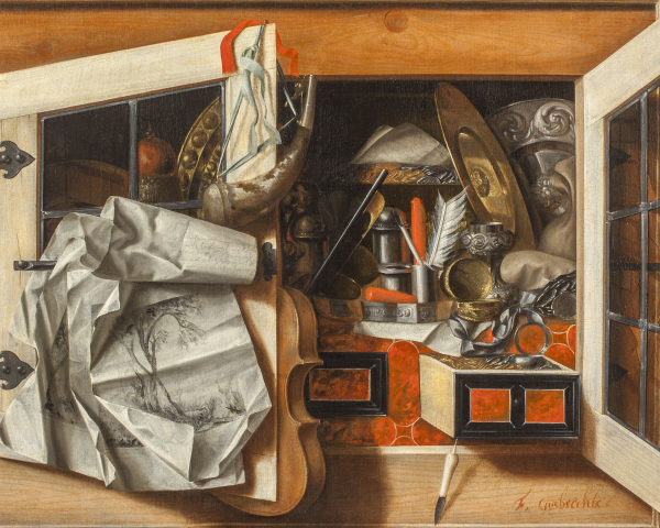A TROMPE L'OEIL OF A WALL CABINET WITH A VIOLIN, A HUNTING HORN, WRITING IMPLEMENTS, SILVER GILT DISHES AND ENGRAVINGS, THE GLASS DOORS HALF OPENED SIGNED (LOWER RIGHT): F. GYSBRECHTS