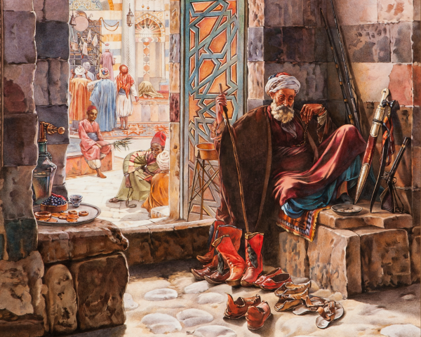 Gustav Bauernfeind, Sulz 1848–1904 Jerusalem, At the Door of the Umayyad Mosque, Damascus / La Porte de la Grande Mosquée à Damas, c. 1889–91, signed lower left: 'G. Bauernfeind', watercolour on cardboard, 50 x 38 cm (19 1/2 x 14 3/4 in.)
