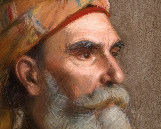 Portrait painting of arabic man looking to his left
