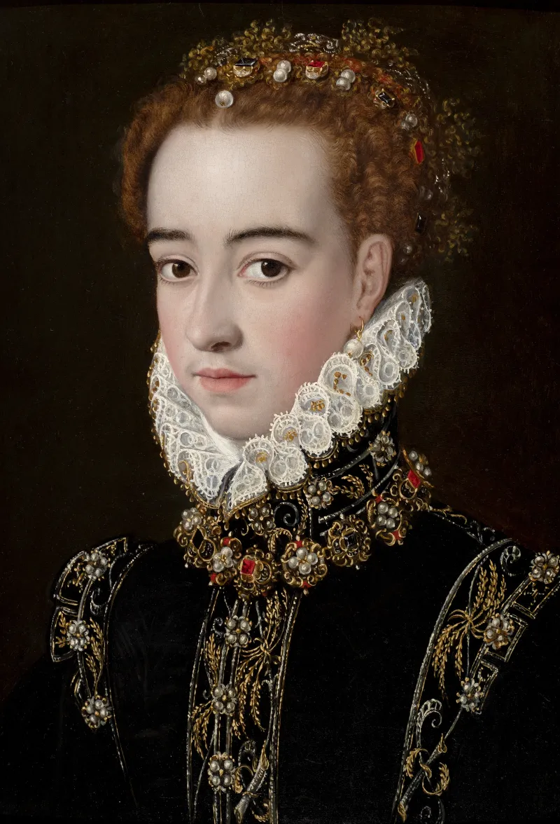 Portrait of a Young Noblewoman Wearing Fine Jewels and a Black Dress with Gold Embroidery in the Form of Wheatsheaves and a High White Ruff Collar