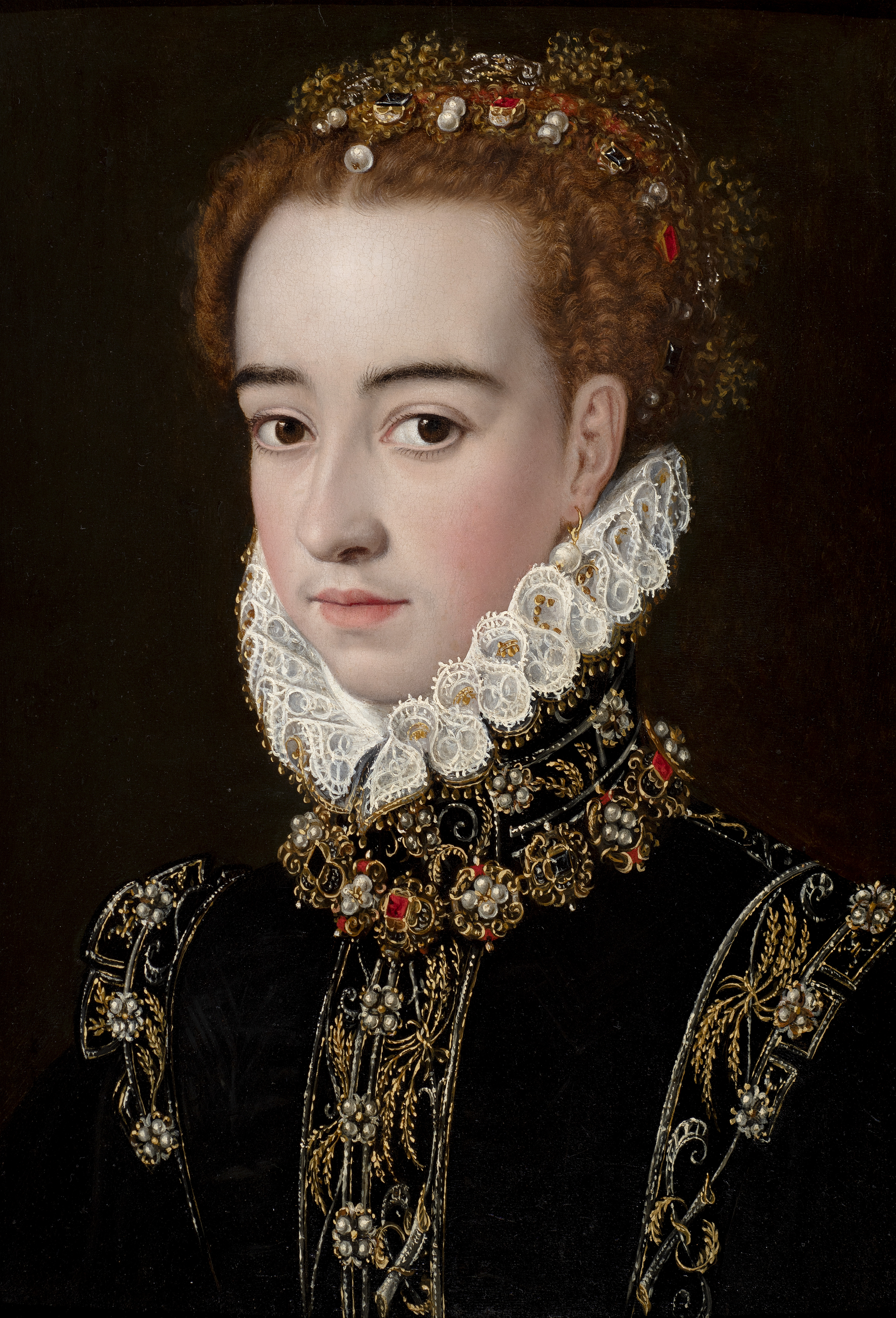 Portrait of a Young Noblewoman Wearing Fine Jewels and a Black Dress with Gold Embroidery in the Form of Wheatsheaves and a High White Ruff Collar